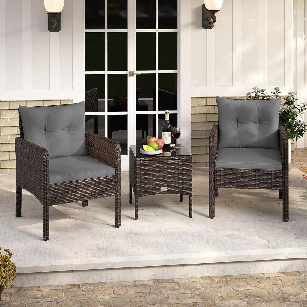 Tangkula 3 Pieces Patio PE Wicker Furniture Set, Outdoor Bistro Conversation Set with Cushions and Tempered Glass Coffee Table, Outside Rattan Table and Chairs for Porch (Gray)