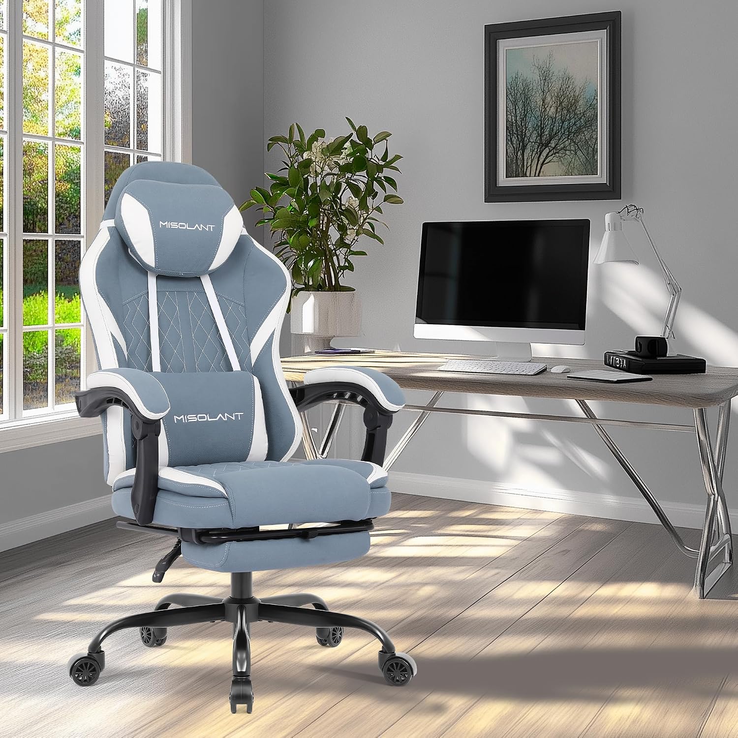 Misolant Gaming Chair, Fabric Gamer Chair with footrest for Adults, High Back Ergonomic Computer Game Chair with Adjustable Headrest and Massage Lumbar Support, 90-155° Recline Free, Blue