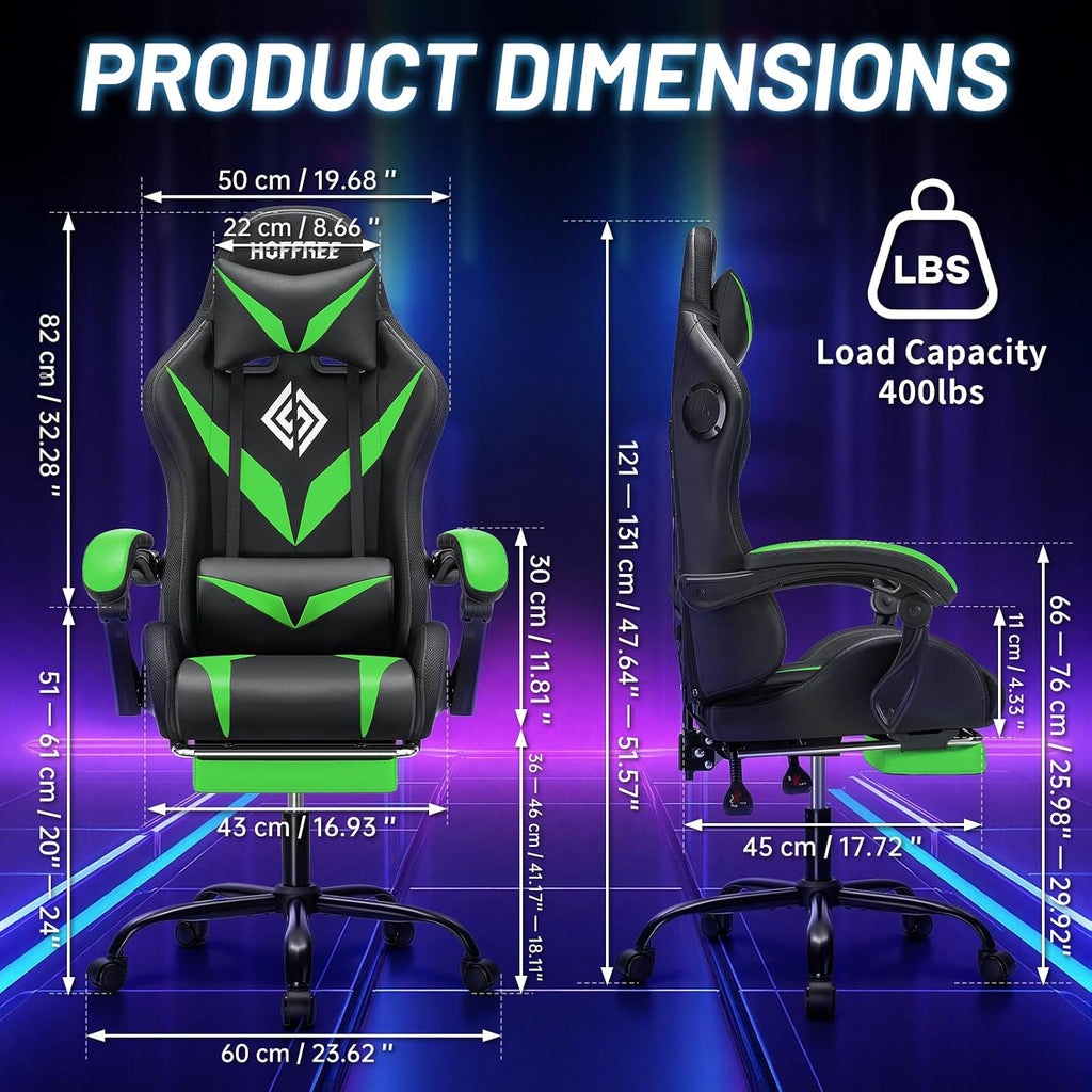HOFFREE Gaming Chair with Bluetooth Speakers and Led Lights Massage Computer Gamer Chair with Footrest Ergonomic Video Game Chair for Adults Green and Black