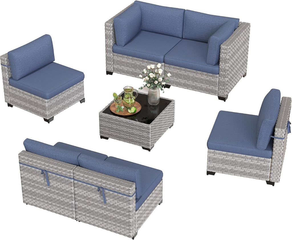 6-Seat Modular Patio Furniture Set – Outdoor Wicker Sectional Sofa with Thick 4″ Cushions, Dual-Strand PE Rattan, Rust-Resistant 18 mm Steel Frame, Backyard Garden Deck Lounge,Navy