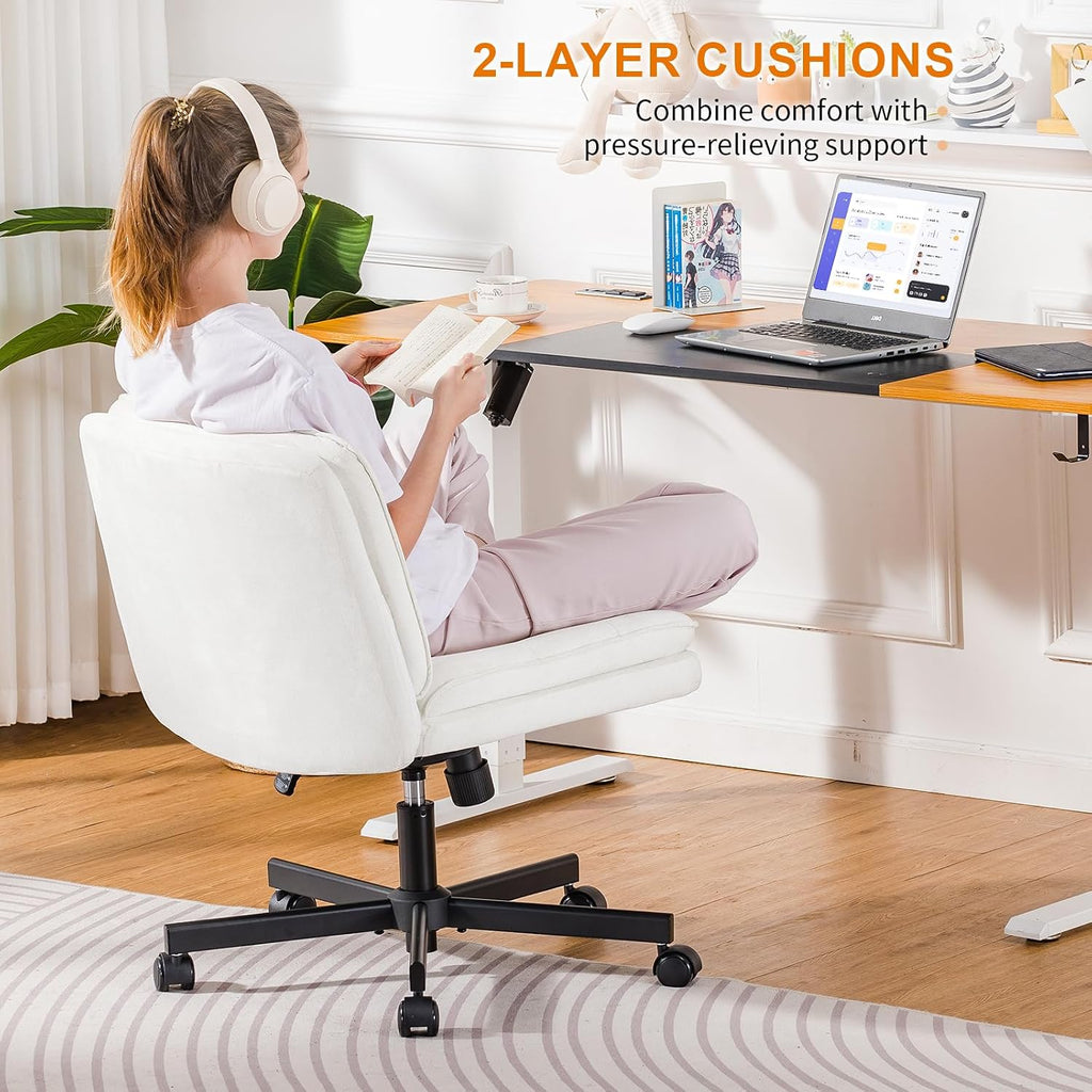 COMHOMA Cross Legged Office Chair with Wheels Armless-Office Desk Chair, Modern Vanity Computer Task Chairs for Home Bedroom, Comfortable Wide Seat for Lower Back Pain Relief, Soft Velvet, Beige