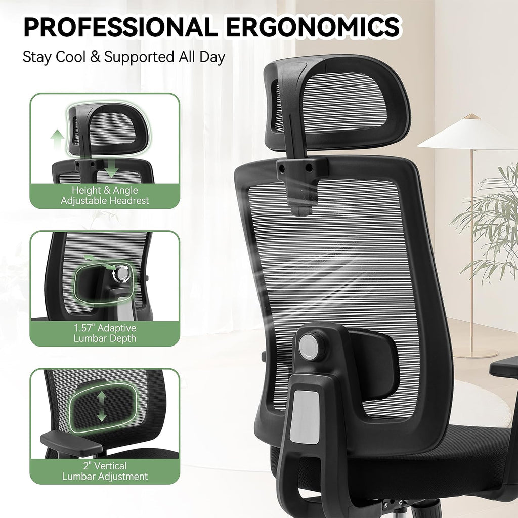 Ergonomic Office Chair Mesh Back, Office Desk Chair with Adjustable Lumbar Support, Rolling Work Chairs with Wheels and 3D Headrest, Set of 2, Black