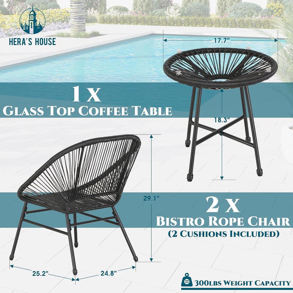 HERA'S HOUSE 3-Piece Patio Furniture Set, Outdoor Wicker Conversation Set w/ 2 Handwoven Cushioned Chairs, Side Coffee Table for Backyard Lawn Porch Poolside Balcony