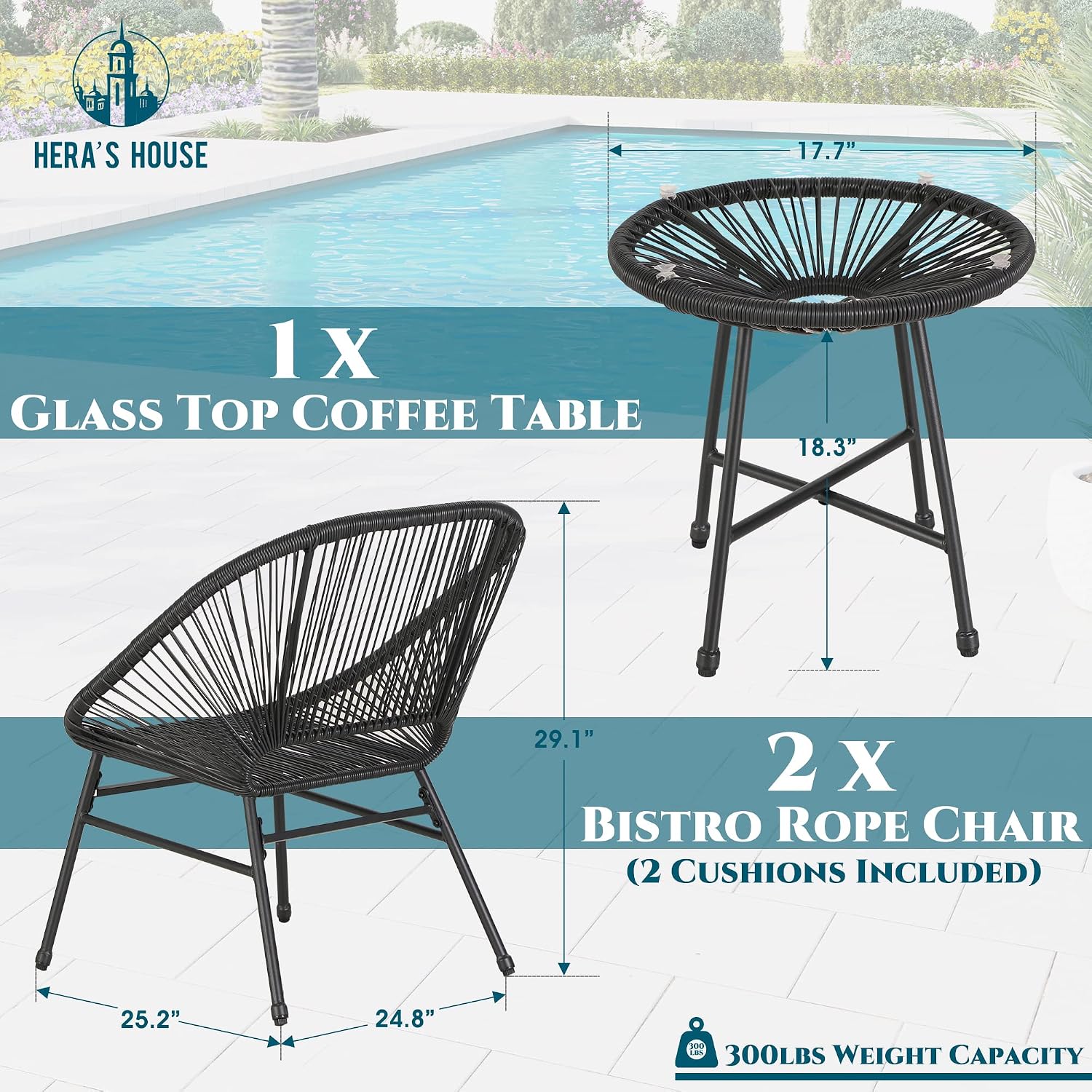HERA'S HOUSE 3-Piece Patio Furniture Set, Outdoor Wicker Conversation Set w/ 2 Handwoven Cushioned Chairs, Side Coffee Table for Backyard Lawn Porch Poolside Balcony