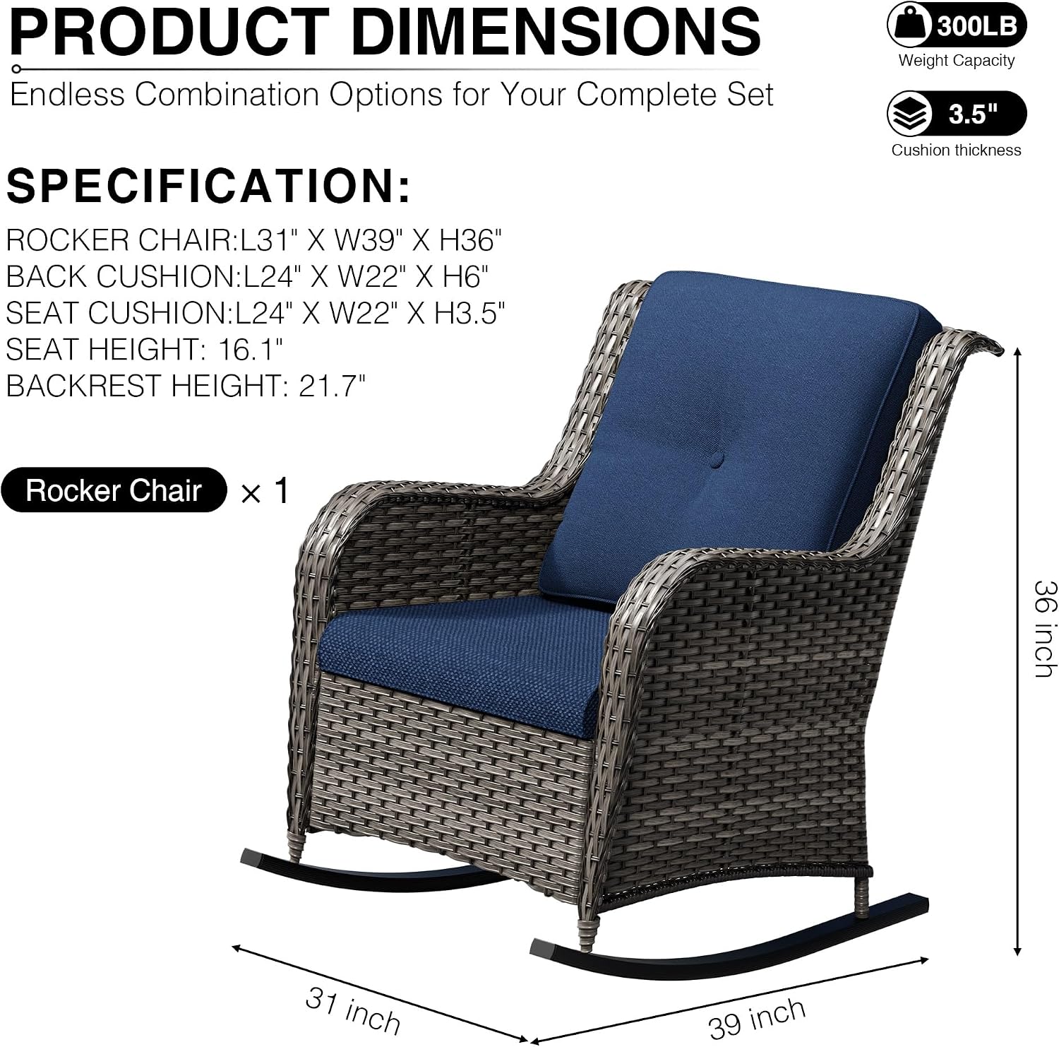Joyside Outdoor Rocking Chair, Wicker Patio Furniture with High Back, Deep Seating, Wide Armrest, Thickened Cushions, Outdoor Rattan Furniture for Deck, Porch Use