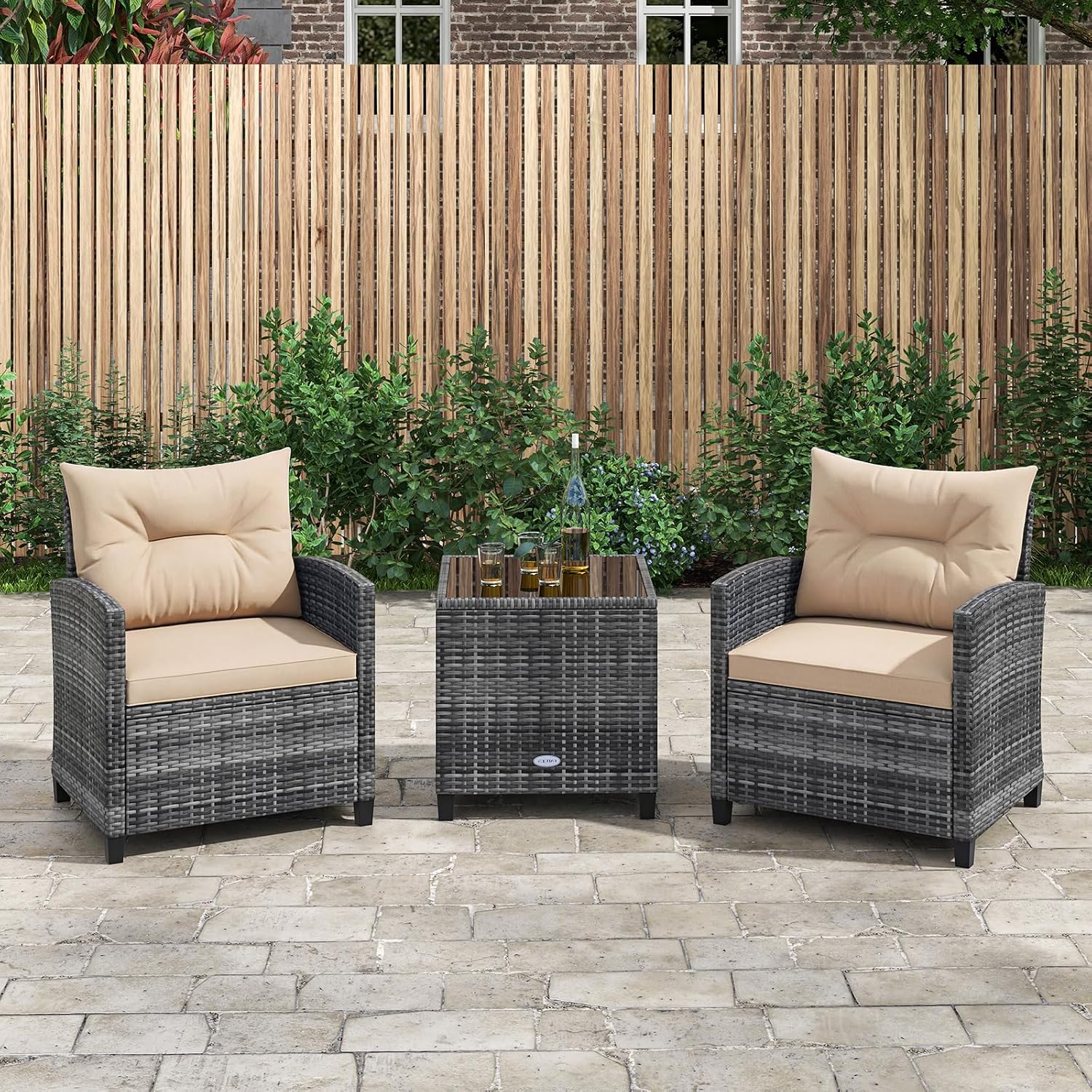 RELAX4LIFE 3 Piece Patio Furniture Set, Wicker Bistro Conversation Set w/2 Cushioned Armchairs & Glass Topped Table, Outdoor Rattan Sofa Set Patio Furniture for Porch Balcony Poolside (Grey-Beige)