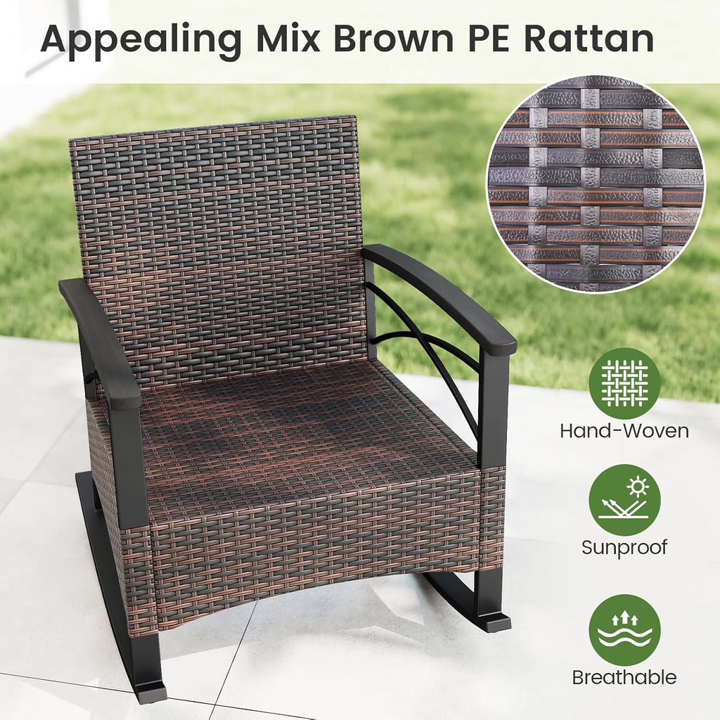 Tangkula 3 Pieces Outdoor Rocking Chairs Set, Rattan Heavy Duty Cushioned Rocker Chairs with 2-Tier Tempered Glass Coffee Table, for Garden, Balcony, Backyard (Gray)
