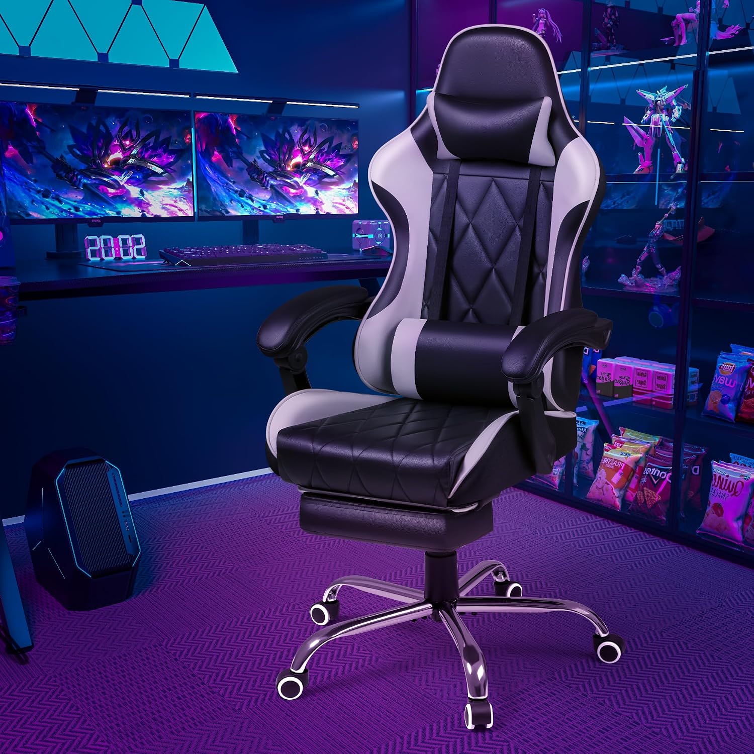 Shahoo Gaming Chair with Footrest and Massage Lumbar Support, Computer Game Chairs Ergonomic Office Seat Height Adjustable with Headrest, White