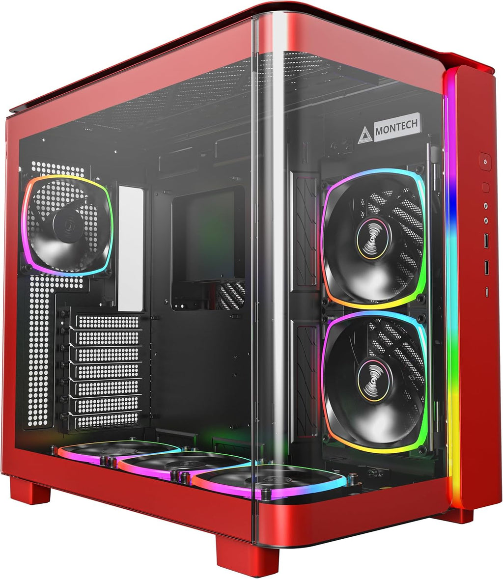 Montech, King 95 Dual-Chamber ATX Mid-Tower PC Gaming Case, High-Airflow, Toolless Panels, Sturdy Curved Tempered Glass Front and Side Panel, ARGB Lighting, Red