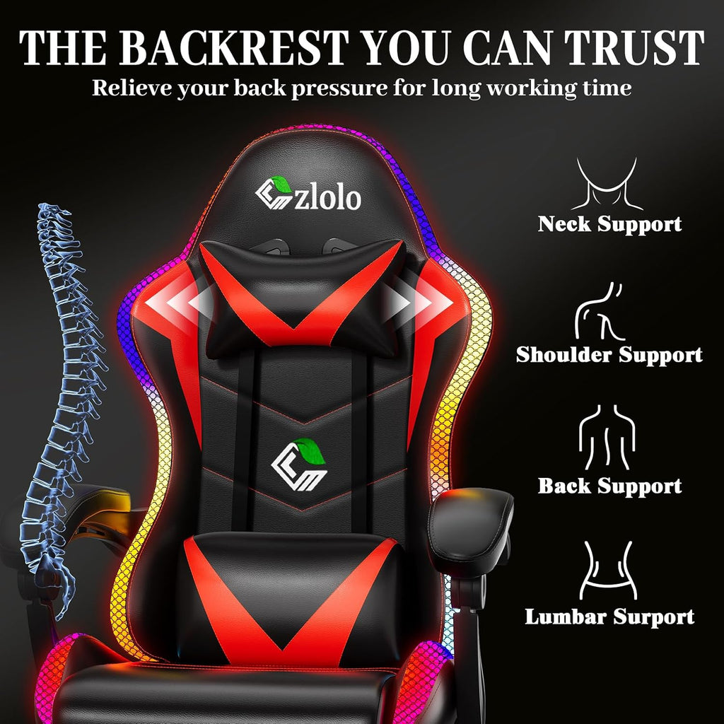 Czlolo Gaming Chair, RGB LED Lights Computer Chair with Footrest, Lumbar Support Massager Gamer Chair, High Back, 90-135° Reclining, Linkage Armrests, Red