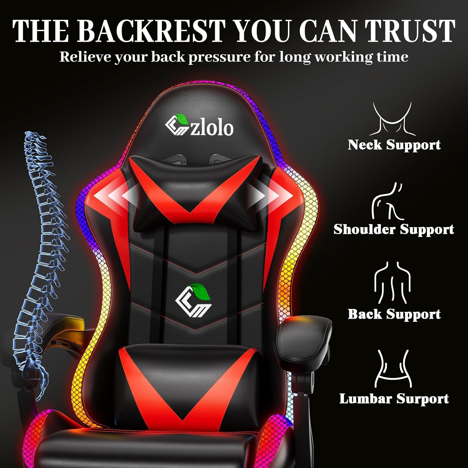 Czlolo Gaming Chair, RGB LED Lights Computer Chair with Footrest, Lumbar Support Massager Gamer Chair, High Back, 90-135° Reclining, Linkage Armrests, Red
