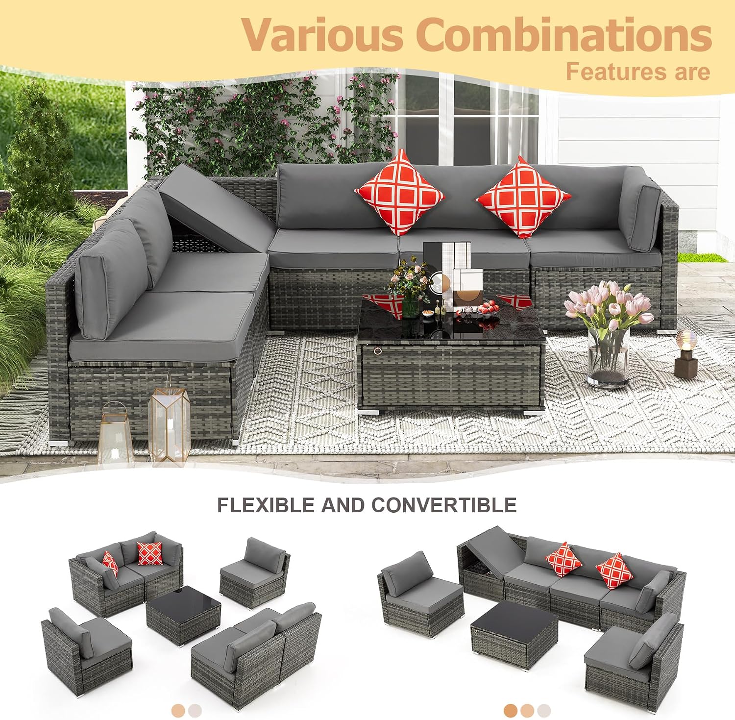 HOMREST 7 Piece Patio Furniture Set with Adjustable Bracket All-Weather Wicker Conversation Set with Coffee Table for Porch Garden Backyard (Gray)