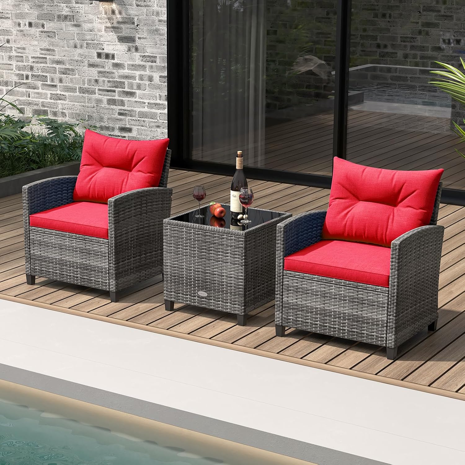 KOTEK 3 Piece Patio Furniture Set, Outdoor PE Rattan Conversation Set with Washable Cushions & Tempered Glass Tabletop, Wicker Chairs and Table Set for Porch, Garden, Balcony (Red)