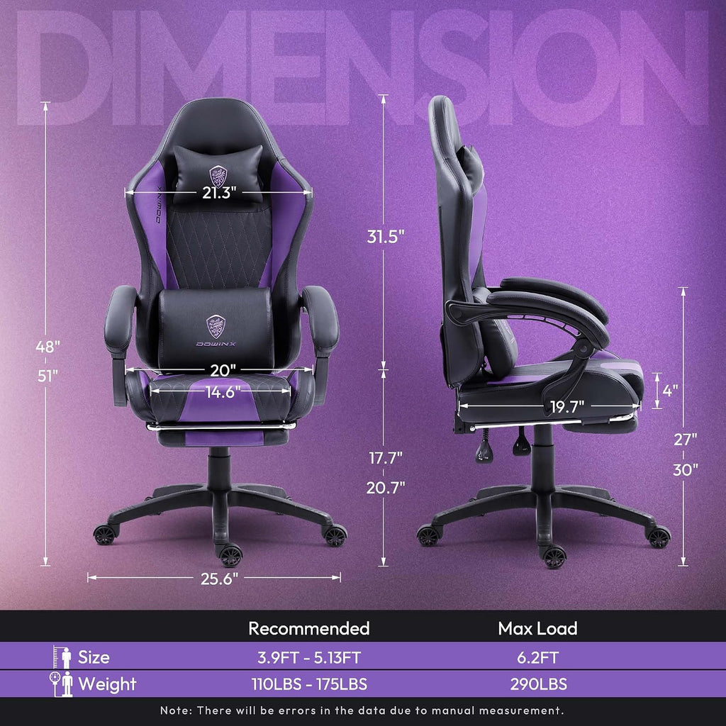 Dowinx Gaming Chair with Massage Lumbar Support and Footrest, Gaming Chairs for Adults, Ergonomic Computer Chair High Back with Pocket Spring Cushion, Swivel Recliner with Headrest, Purple