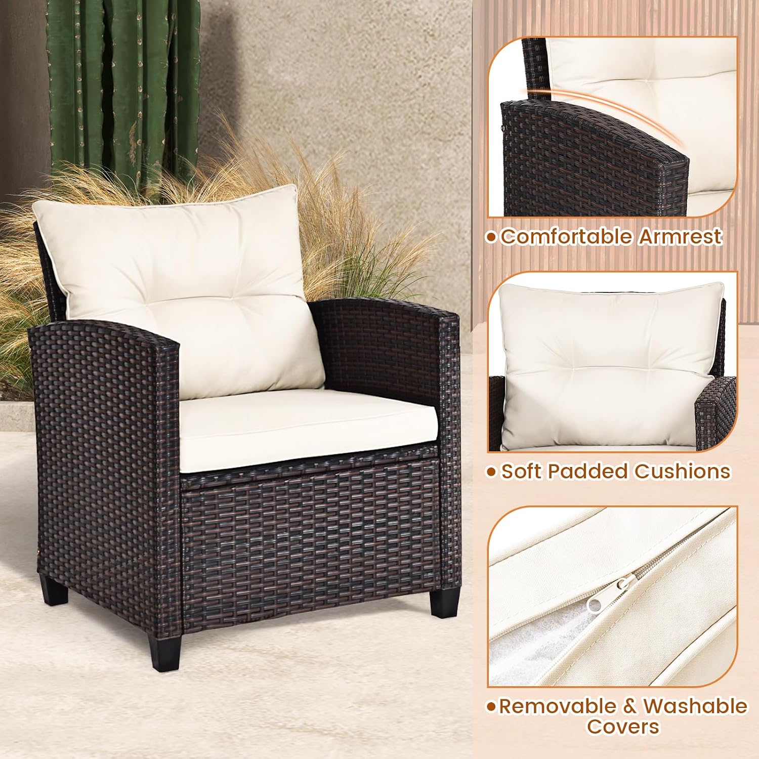 ORALNER 3 Pieces Patio Furniture Set, Outdoor Wicker Conversation Set Rattan Chairs with Cushions, Glass Coffee Table, Bistro Set for Front Porch Balcony Garden Deck Poolside (White)