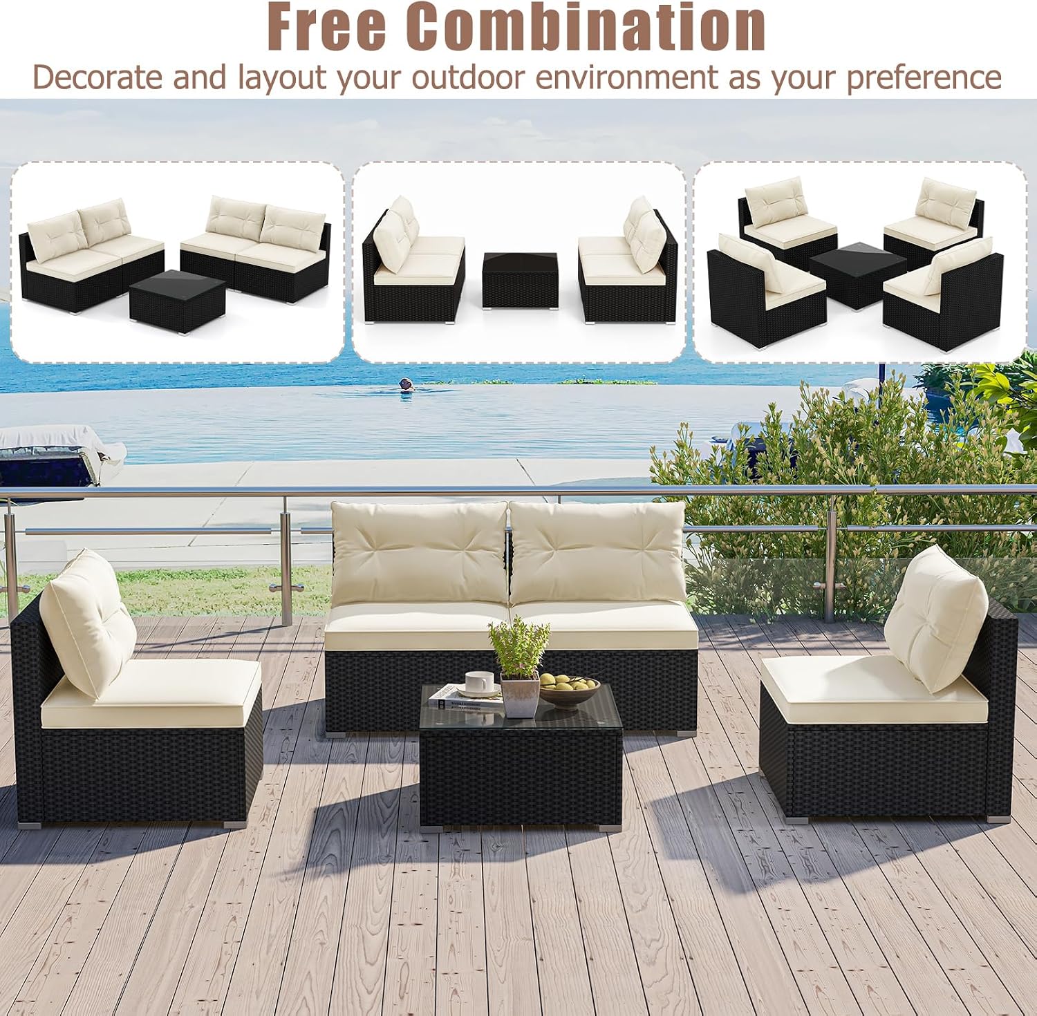 RELAX4LIFE 5-Piece Outdoor Patio Furniture Set, Rattan Sectional Sofa Set w/Glass-Top Coffee Table, Soft Seat & Back Cushions, Bistro Set for Garden Backyard Porch, Wicker Conversation Set (Off White)