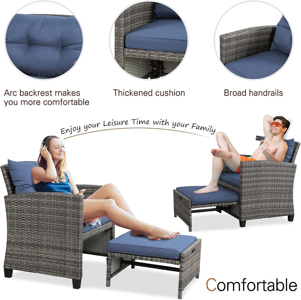 Vongrasig 5 Piece Patio Furniture Set, Small Balcony Furniture, PE Wicker Rattan Patio Chairs Set of 2, Outdoor Lounge Chairs with Cushions Ottomans &Glass Table for Porch Garden(Navy Blue)