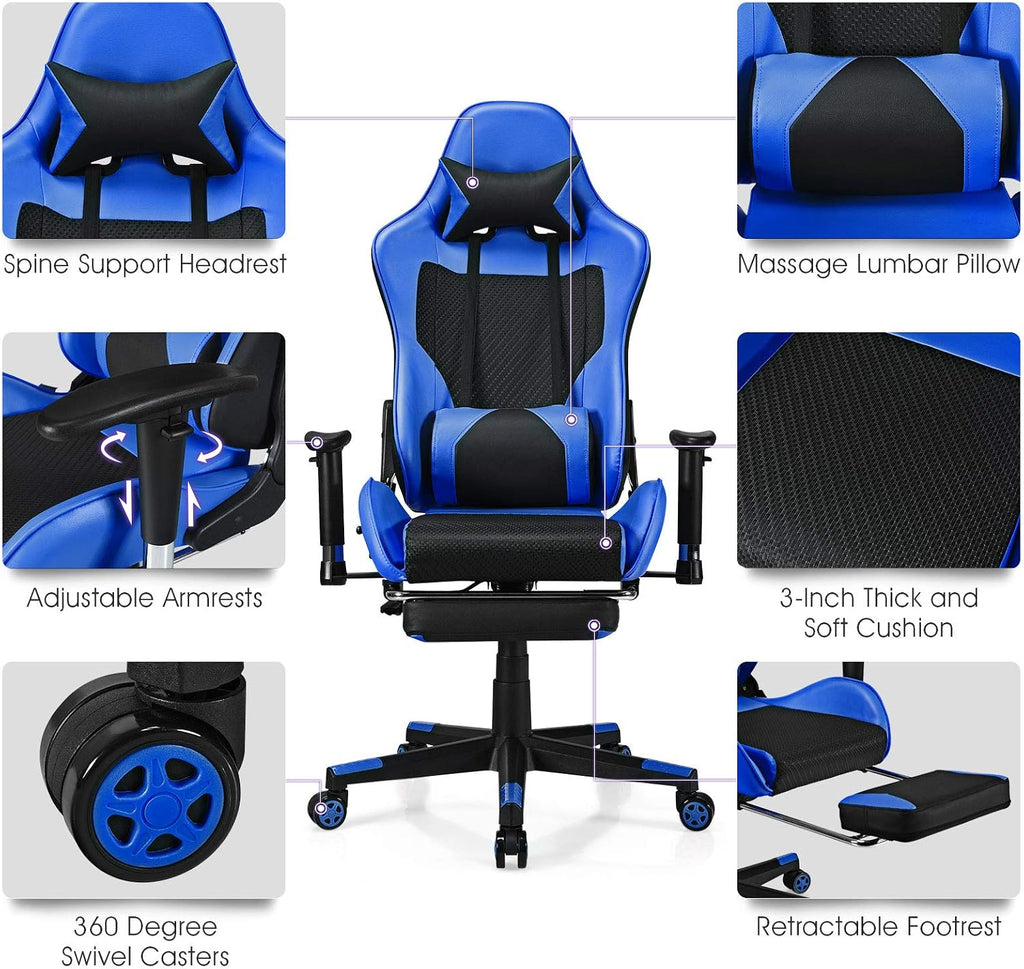 Giantex Massage Gaming Chair, Ergonomic Video Game Chair with Footrest, High Back E-Sport Computer Chair with Headrest & Massager Lumbar Support, PU Leather Gaming Seat (Blue)