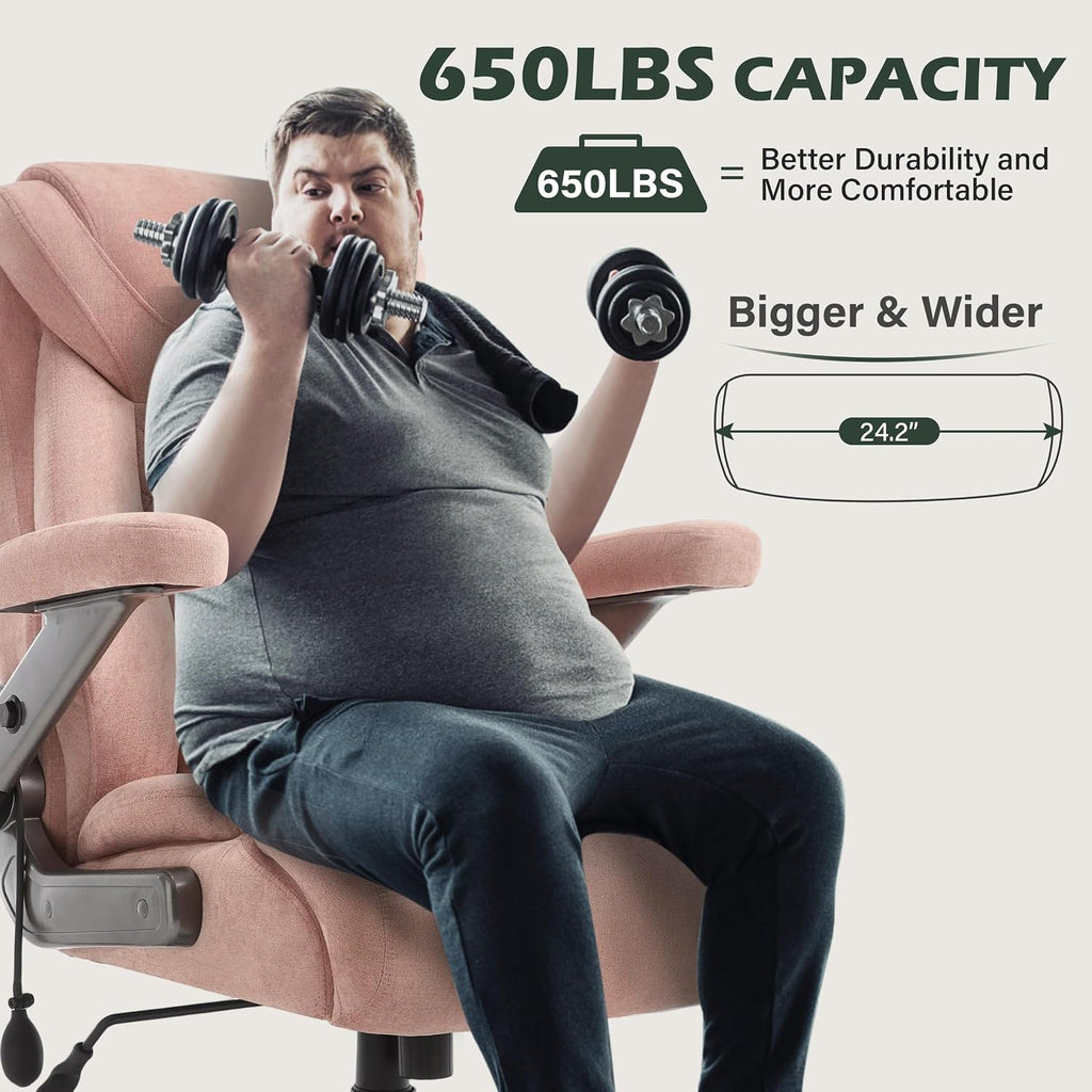 650lbs Big and Tall Office Chair with Thick Spring Cushion,5D Flip Arm Ergonomic Executive Office Chair Adjustable Lumbar Airbag&Extra Wide,Comfy Large Padded Heavy Duty Game Chair,Pinkcloth