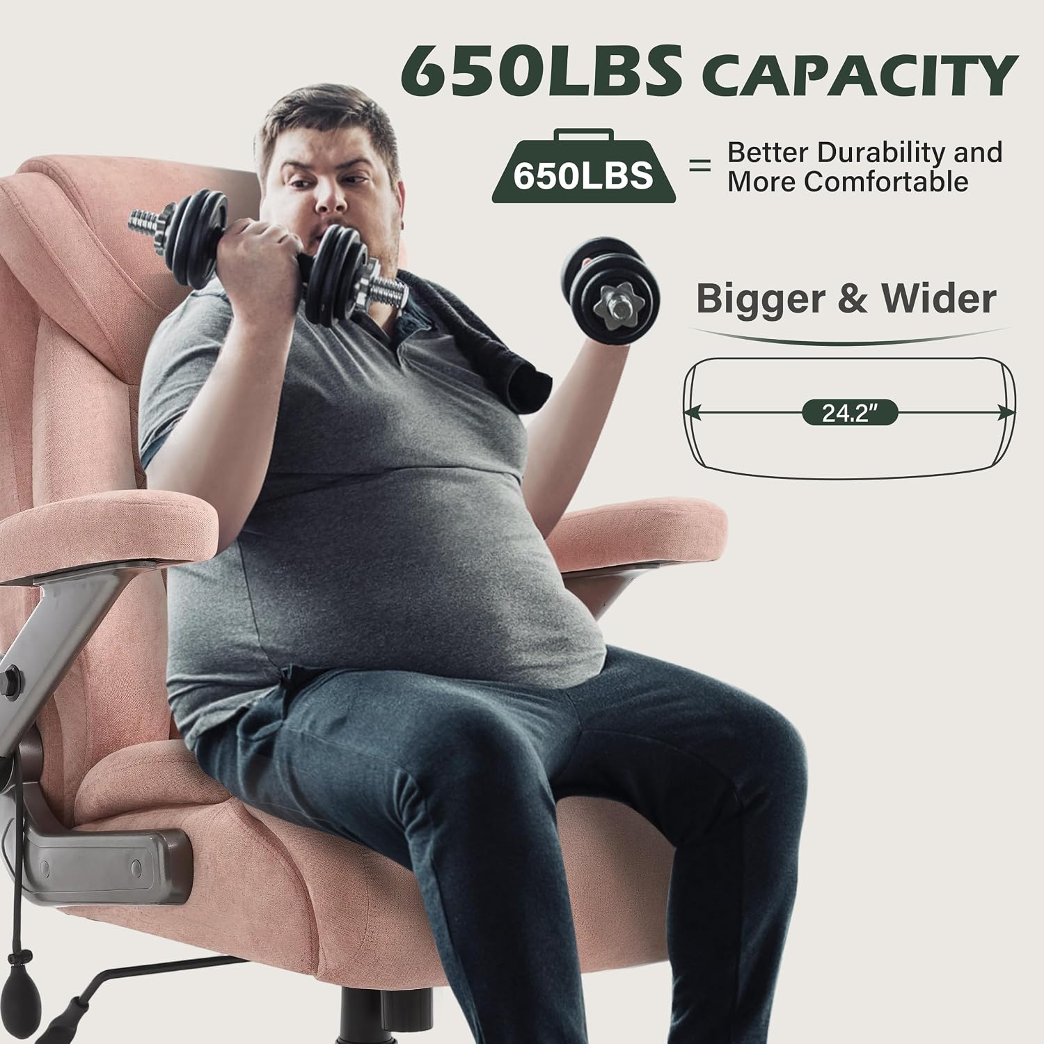 650lbs Big and Tall Office Chair with Thick Spring Cushion,5D Flip Arm Ergonomic Executive Office Chair Adjustable Lumbar Airbag&Extra Wide,Comfy Large Padded Heavy Duty Game Chair,Pinkcloth