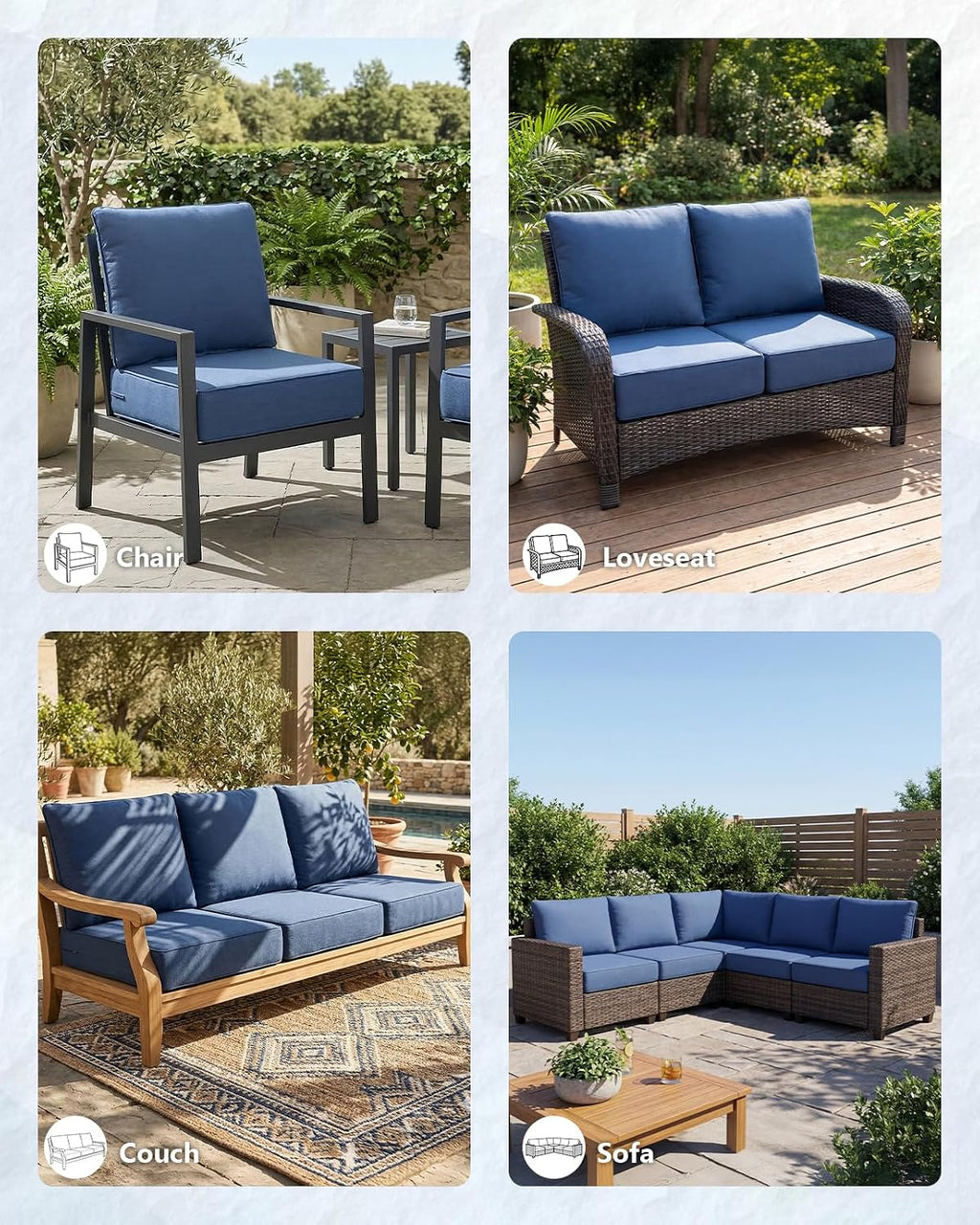 6' Thick Outdoor Cushion, 24*24*6' Patio Furniture Cushions with Waterproof Patio Furniture Cushions with Removable Cover, 28D High Density Patio Cushion for Outdoor Furniture, Blue-4pcs