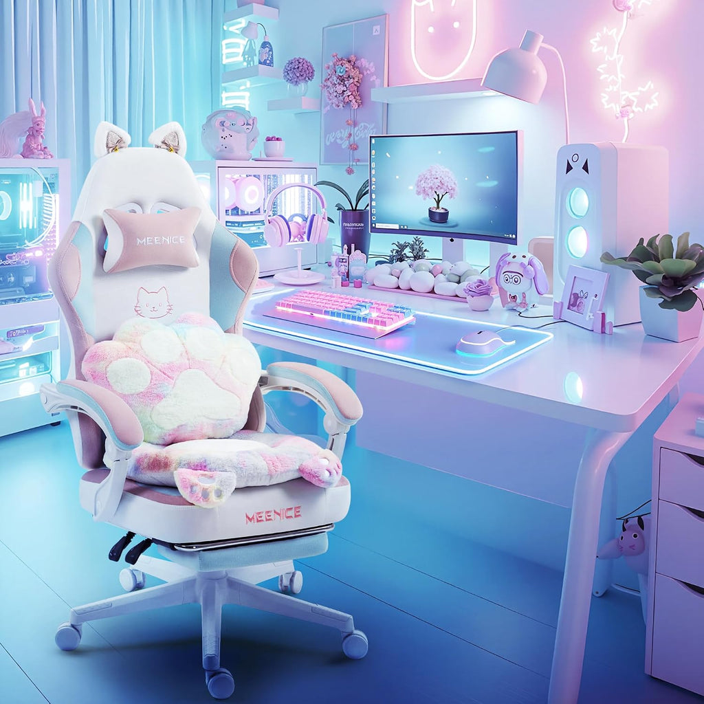 Gaming Chair Cute with Cat Ears Paw Lumbar and Cushion,Ergonomic Computer Chair with Footrest,Reclining PC Game Chair for Girl Computer Chair 300lbs for Adult Colours