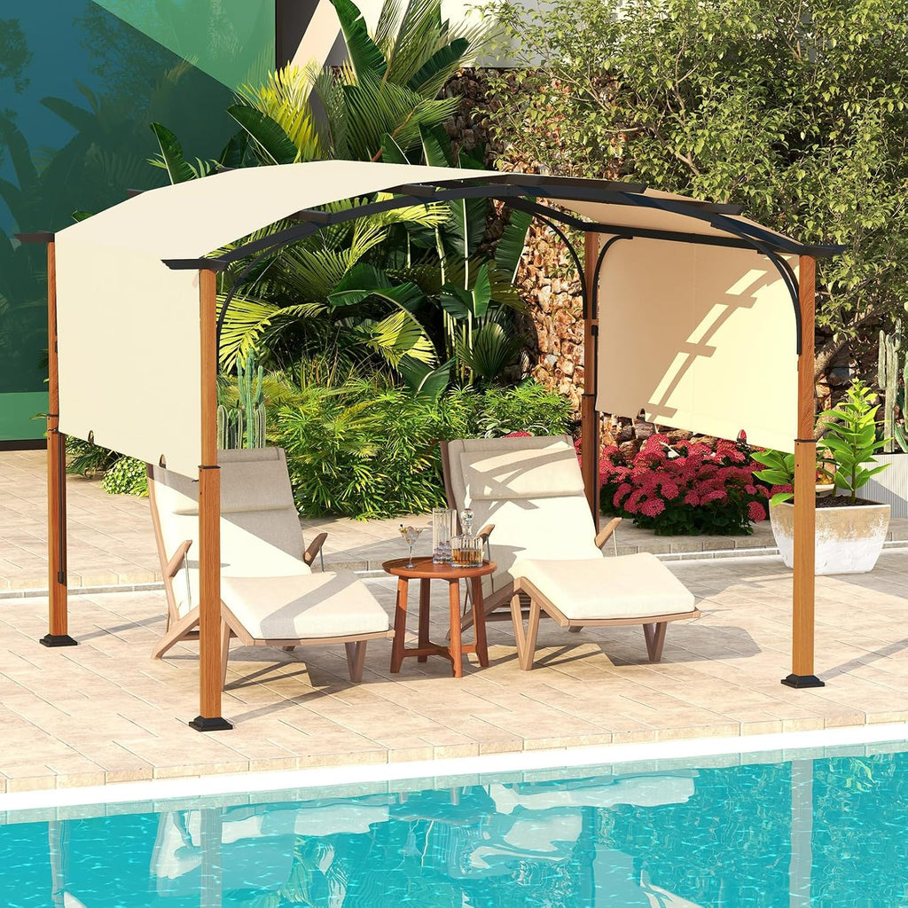 Tangkula Arched Patio Shelter Pavilion with Retractable Sun Shade Canopy, Extra Large Outdoor Pergola for Deck, Porch, Garden, Yard (Beige)