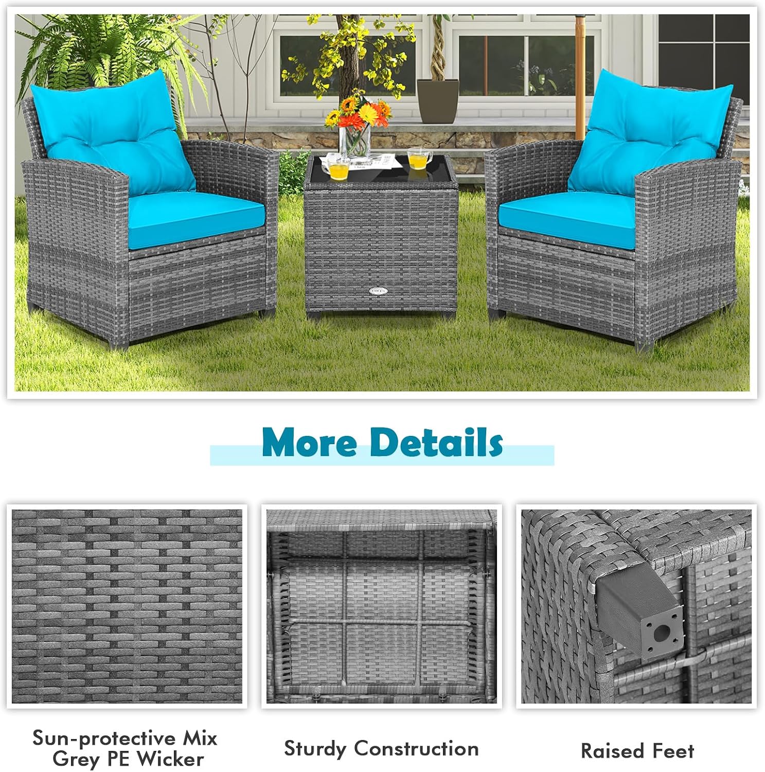 COSTWAY 3PCS Patio Furniture Set, PE Rattan Wicker Sofa w/Washable Cushion and Coffee Table, Tempered Glass Tabletop, Outdoor Conversation Set for Balcony, Porch, Yard, Backyard, Lawn, Turquoise