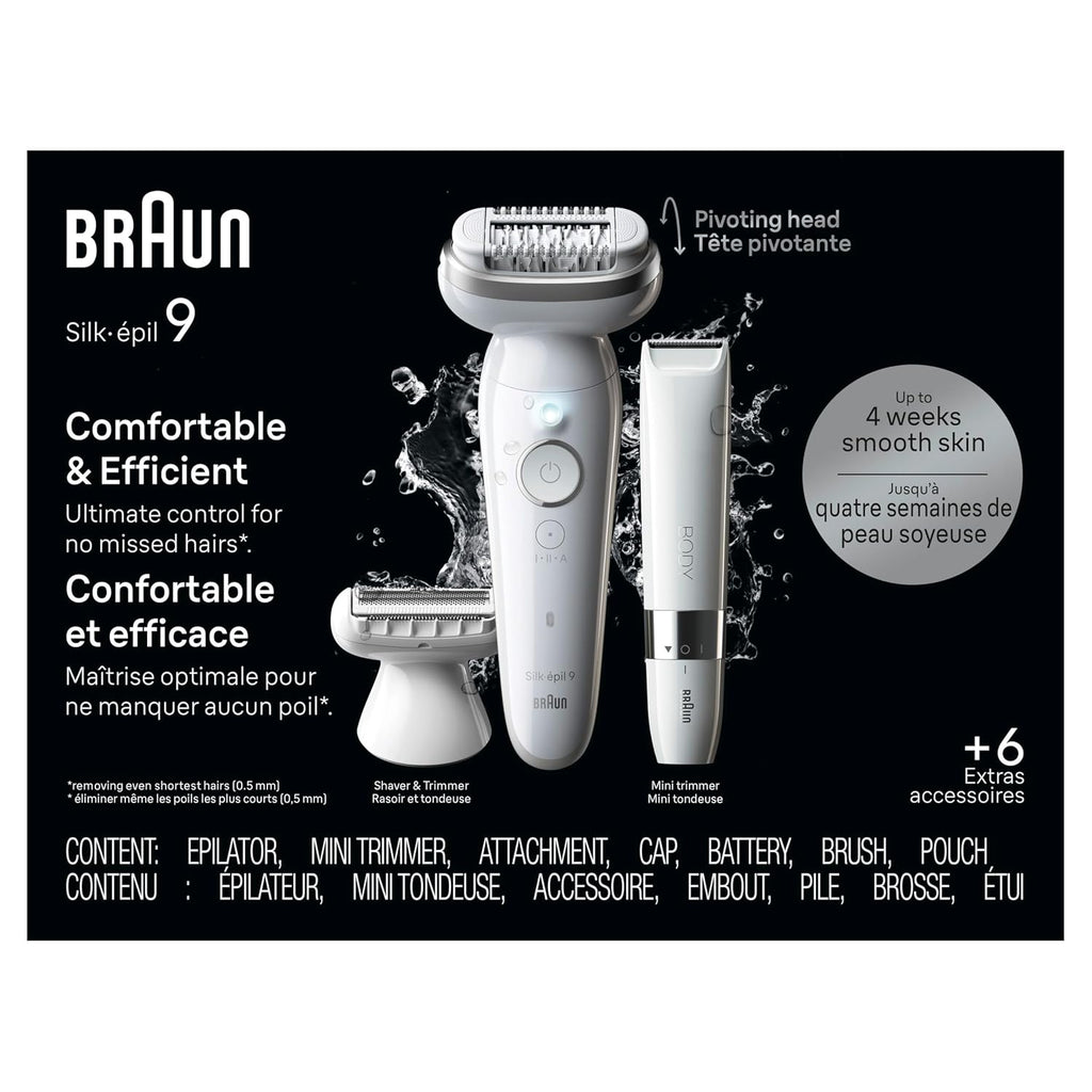 Braun Silk-épil 9 Epilator, Pivoting Head, Wet and Dry, Includes Body Trimmer, Shaver Head and Trimmer Comb, SES9-441