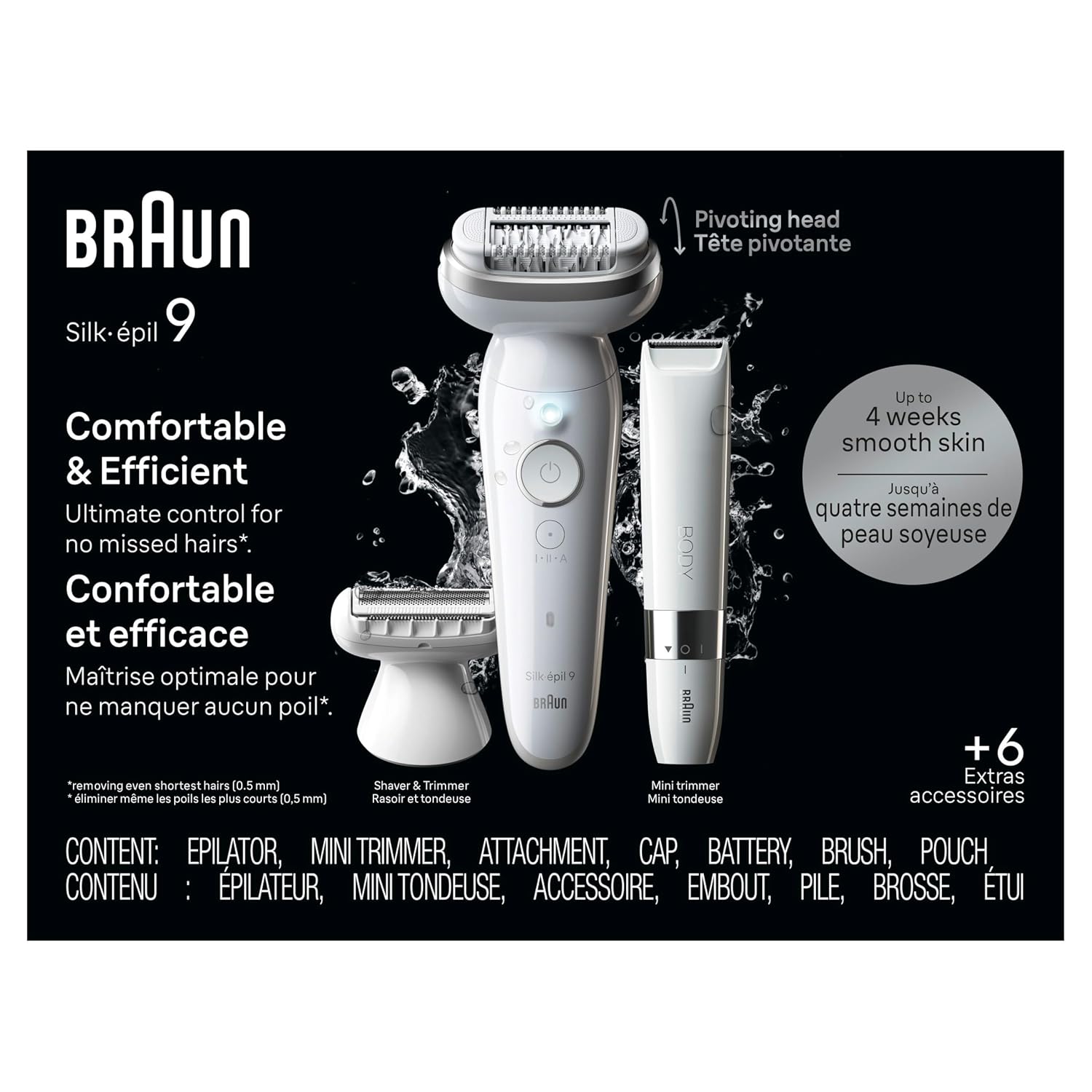 Braun Silk-épil 9 Epilator, Pivoting Head, Wet and Dry, Includes Body Trimmer, Shaver Head and Trimmer Comb, SES9-441