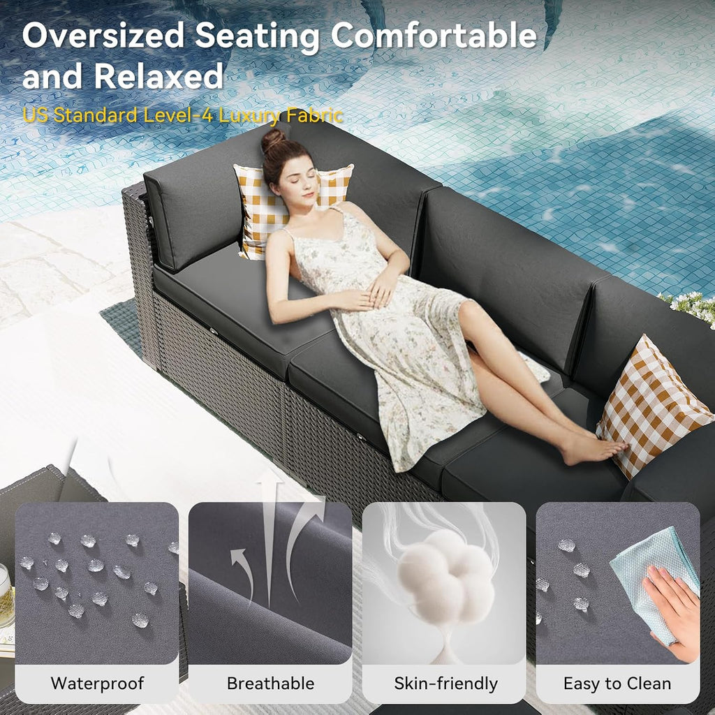 Aoxun 7 Piece Patio Furniture Set, Outdoor Sectional Sofas with Waterproof Cover, Wicker Rattan Outdoor Furniture Patio Conversation Set for Backyard, Garden Dark Grey
