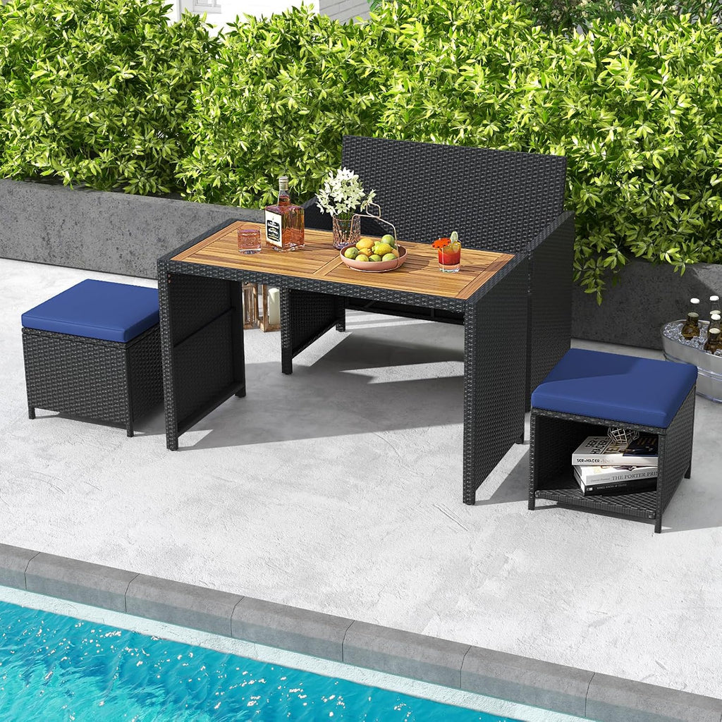 HAPPYGRILL 4 Pieces Outdoor Rattan Wicker Dining Set, Loveseat Chair & 2 Ottomans w/Wood Topped Dining Table, Space-Saving Patio Furniture Set w/Cushioned Seating for Backyard, Poolside, Garden