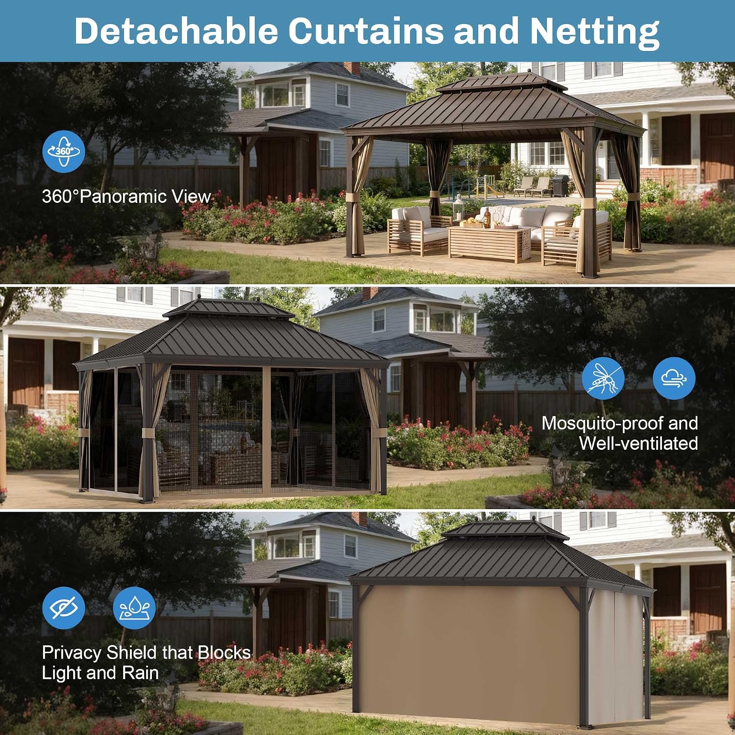 10' X 12' Hardtop Gazebo, Outdoor Galvanized Steel Double Roof Permanent Aluminum Frame Pavilion Pergola Canopy with Privacy Curtains for Garden, Patio, Backyard, Deck and Lawns