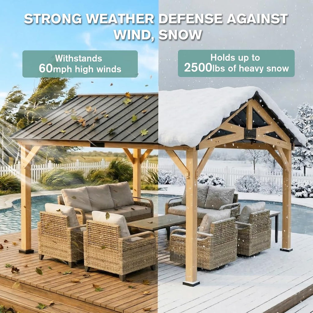 COOS BAY 11x13 Hardtop Gazebo with Cedar Wood Frame, Post-and-Beam Gazebo Shelter, Galvanized Steel Gable Roof with UV Protection for Garden, Patio, Poolside, Backyard, Natural Wood/Black