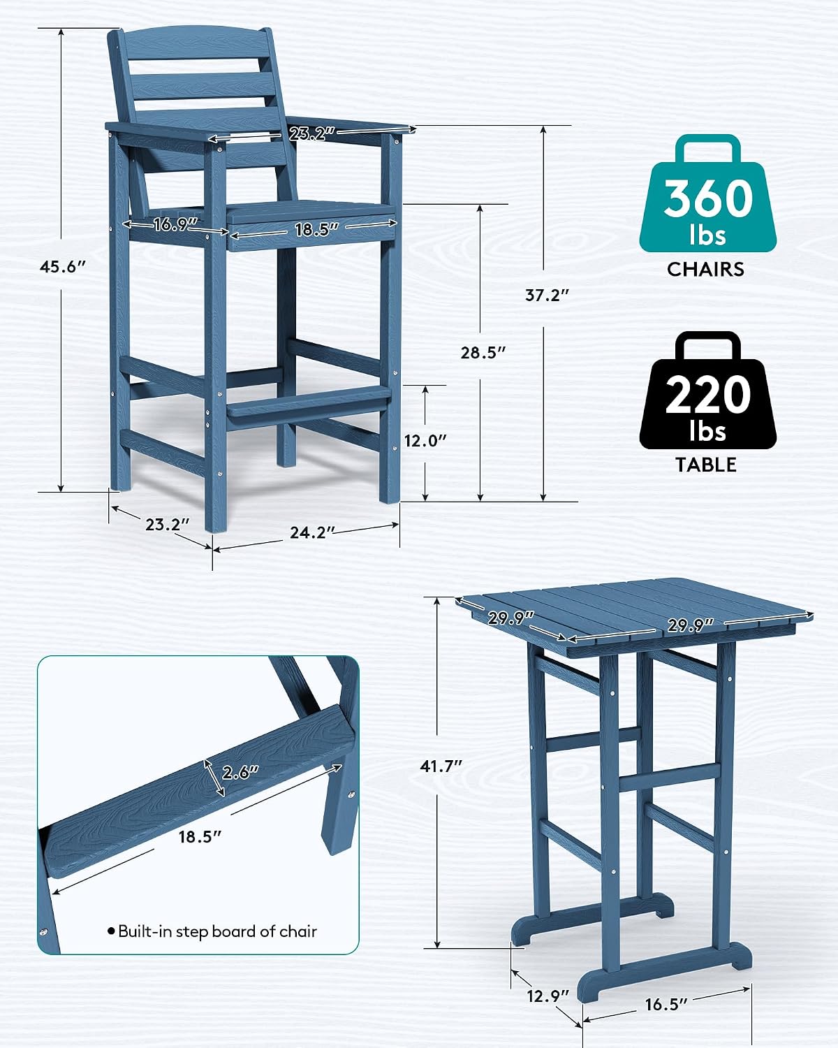 SERWALL 8 Pieces Balcony Adirondack Chairs and Table Set, Adirondack Bar Height Chairs Set of 6 and 2 Bar Table, Outdoor Bar Stools Set, Blue