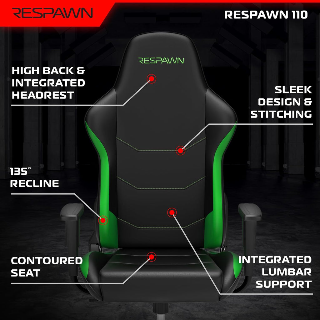 Respawn 110 Ergonomic Gaming Chair - Reclining Office Video Game Swivel Chair with Lumbar Support, Headrest, Heavy Duty, High Back, Racing Style Gaming Recliner Seat for Computer Gamer - Green