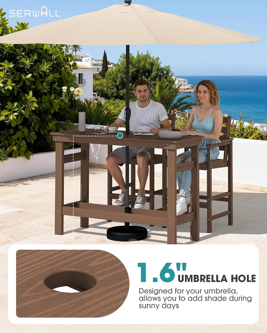 SERWALL Outdoor Bar Set - 2 Adirondack Bar Chairs & Bar Height Table with 1.6' Umbrella Hole, All-Weather HDPE Patio Furniture for Poolside, Backyard, Garden - Brown