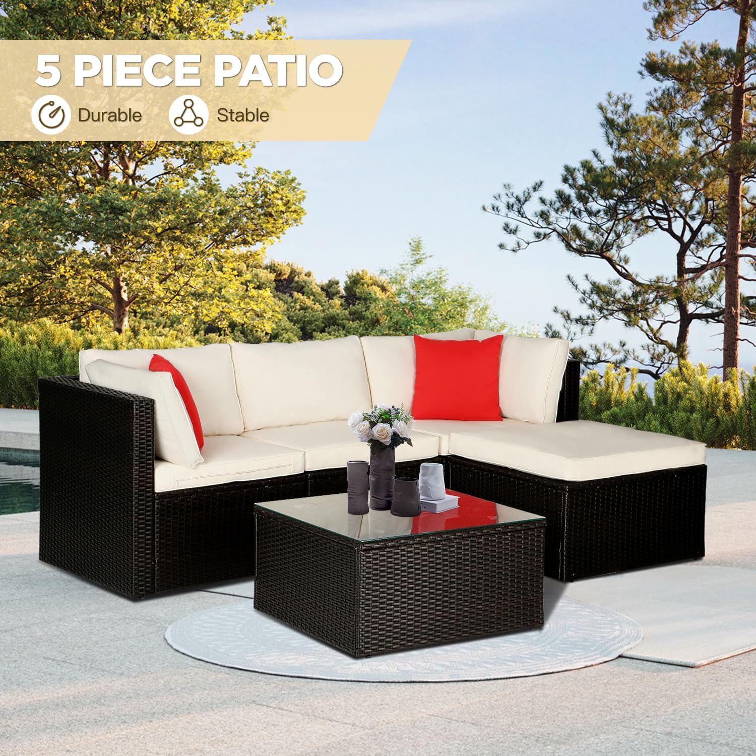 5 Pieces Patio Furniture Set Outdoor Sectional Furniture All Weather Outdoor Couch Rattan Sofas Deck Furniture with Sponge Cushion Headrest and Glass Table for Backyard Deck Poolside Yard Pool,Khaki