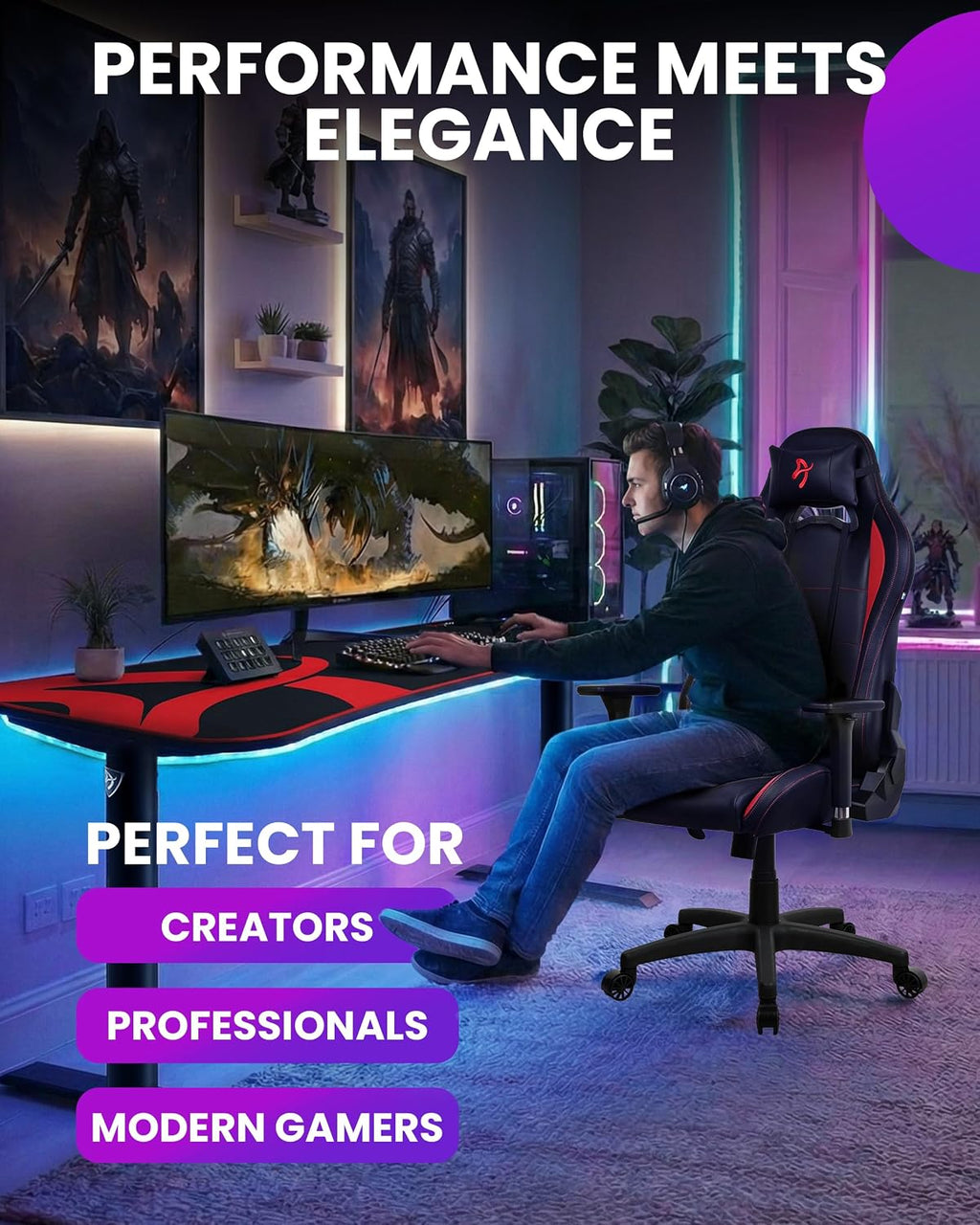 Arozzi Torretta Gaming Chair - Soft PU Ergonomic Gaming Chair for Adults Adjustable Backrest with Neck & Lumbar Pillows - Swedish Design Home Office Setup Professional Computer Chairs, Red