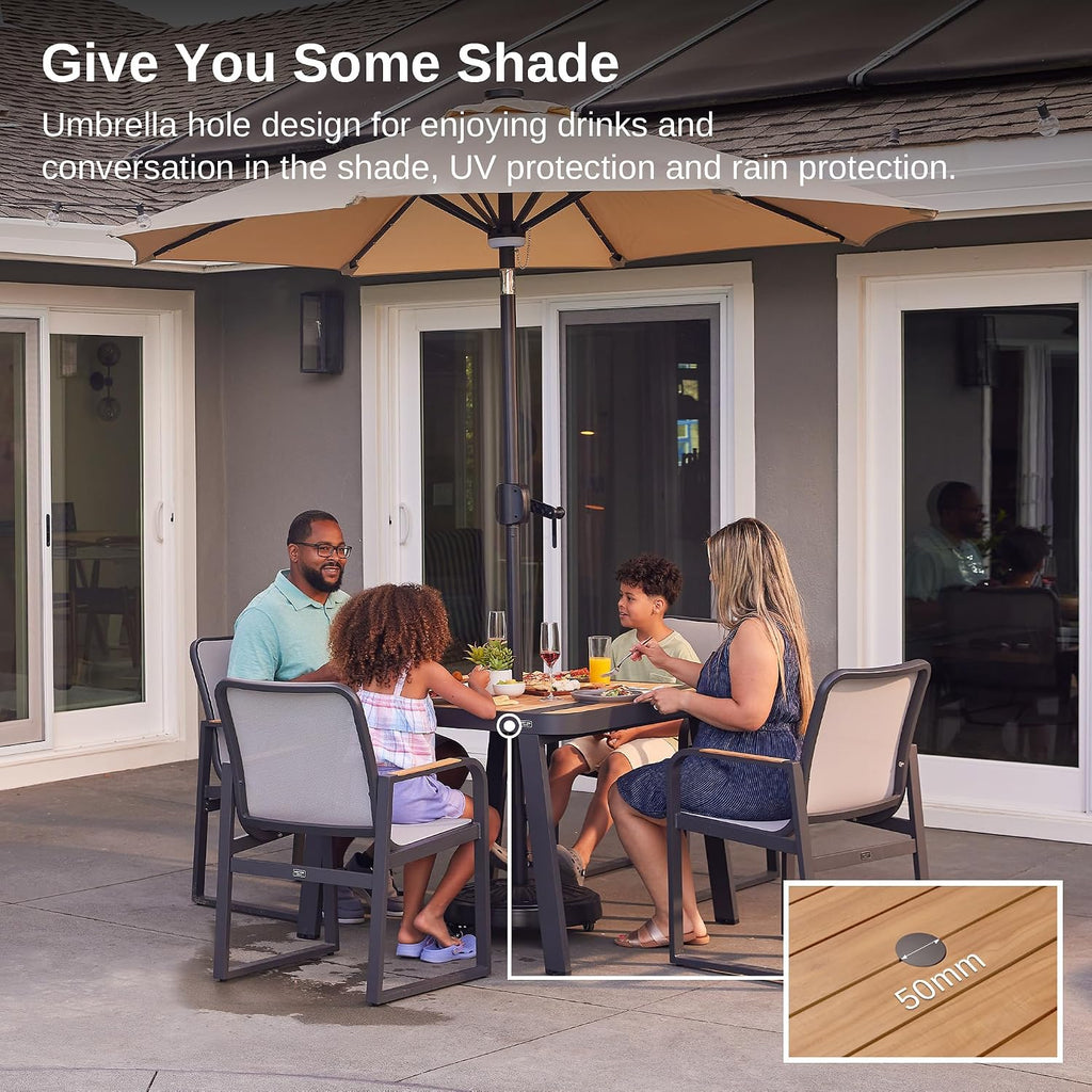 EAST OAK Signature 5 Pieces Outdoor Dining Set, Patio Furniture Set with Finest Teak Wood, Powder-Coated Aluminum Frame Table and Teslin Fabric Chairs, Patio Dining Set for Garden and Yard, Dark Grey