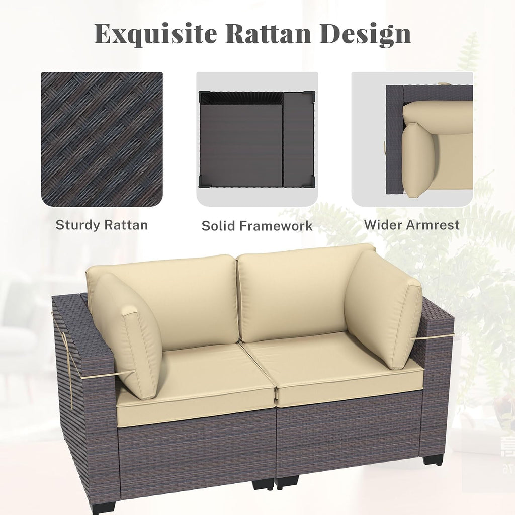 Patio Furniture Set with Aluminum Fire Pit Table 8 Pieces Outdoor Sectional Sofa Set,PE Rattan Wicker Patio Conversation Set w/43in 55000 BTU Propane Fire Pit Table,Sand