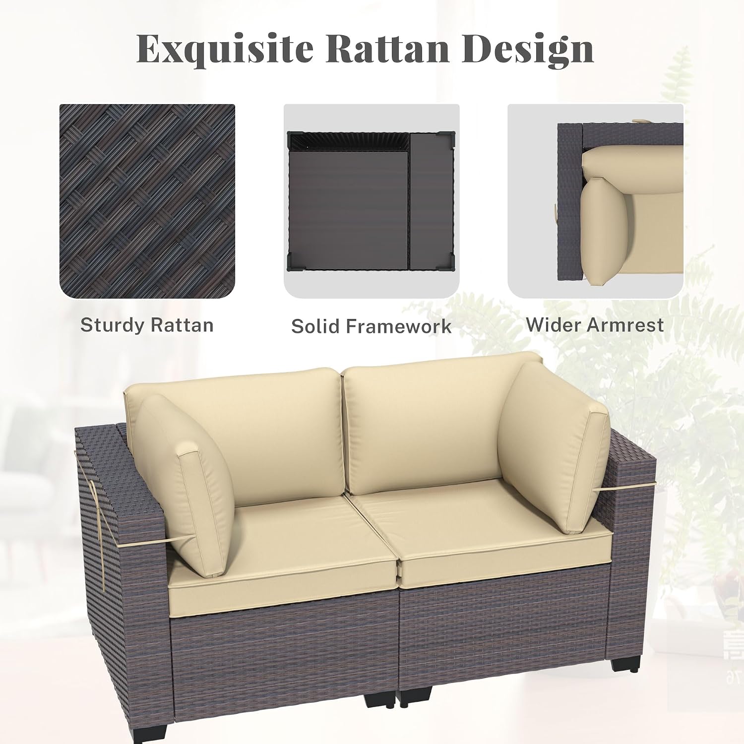 Patio Furniture Set with Aluminum Fire Pit Table 8 Pieces Outdoor Sectional Sofa Set,PE Rattan Wicker Patio Conversation Set w/43in 55000 BTU Propane Fire Pit Table,Sand