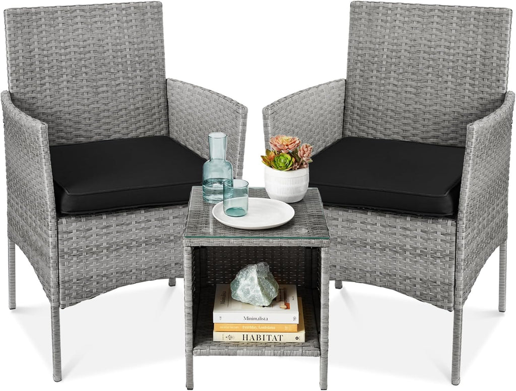 Best Choice Products 3-Piece Outdoor Wicker Conversation Bistro Set, Space Saving Patio Furniture for Garden w/Side Table - Gray/Black