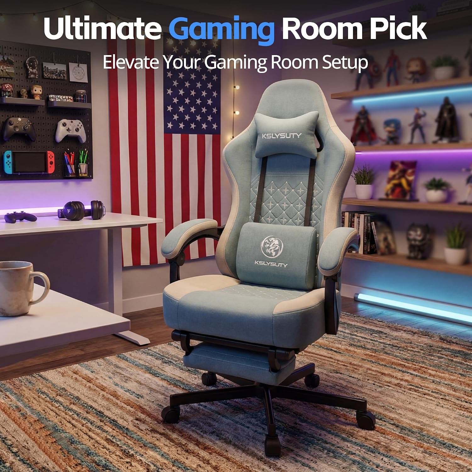 Gaming Chair Breathable Fabric with Pocket Spring Cushion, Wide and High Ergonomic Office Chair with Headrest, Computer Gaming Chair with Footrest for Adult and Teen (Blue Fabric)