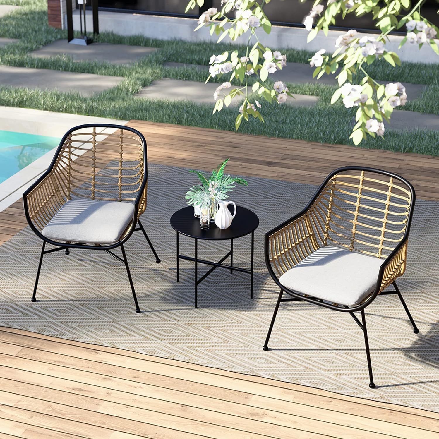 Grand patio Patio Furniture Set, Outdoor Wicker Patio Conversation Seating Chair with Cushions and Coffee Table, Boho Seating Chat Set for Indoor Outdoor, Balcony, Porch, Garden, Deck