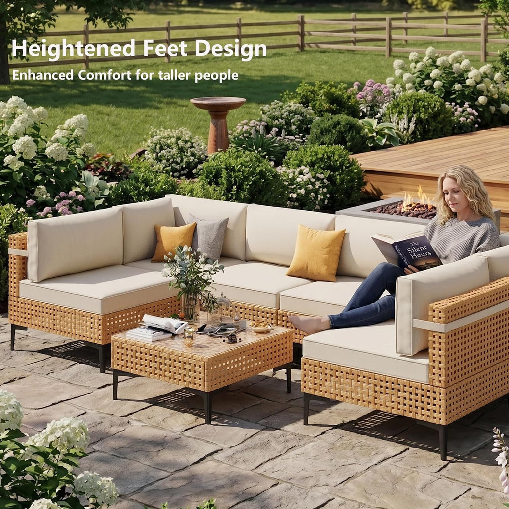 ABCASA Patio Furniture Set, 5-Piece Wicker Outdoor Patio Furniture Sets with Anti-Slip Cushions & Coffee Table,Boho Patio Conversation Set Sectional Sofa for Backyard,Porch,Beige
