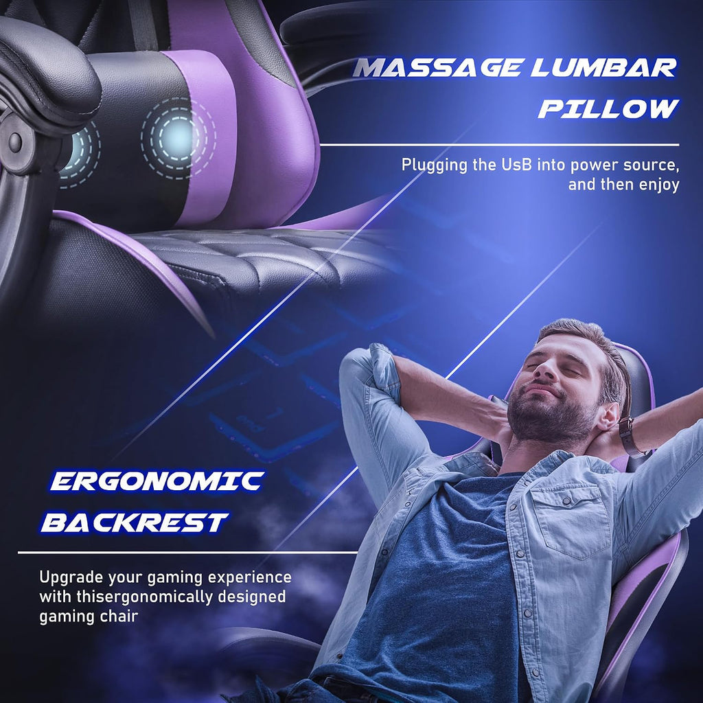 Homall Gaming Chair, Computer Chair with Footrest and Massage Lumbar Support, Ergonomic High Back Video Game Chair with Swivel Seat and Headrest (Purple)