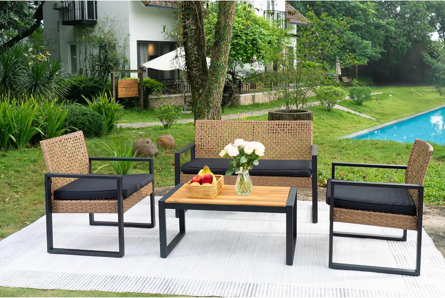 Merax 4 Pcs Patio Furniture Set, Outdoor Acacia Wood Table with 3 Chairs, All-Weather Garden Balcony Backyard Lawn Conversation Set (Black and Light Brown)
