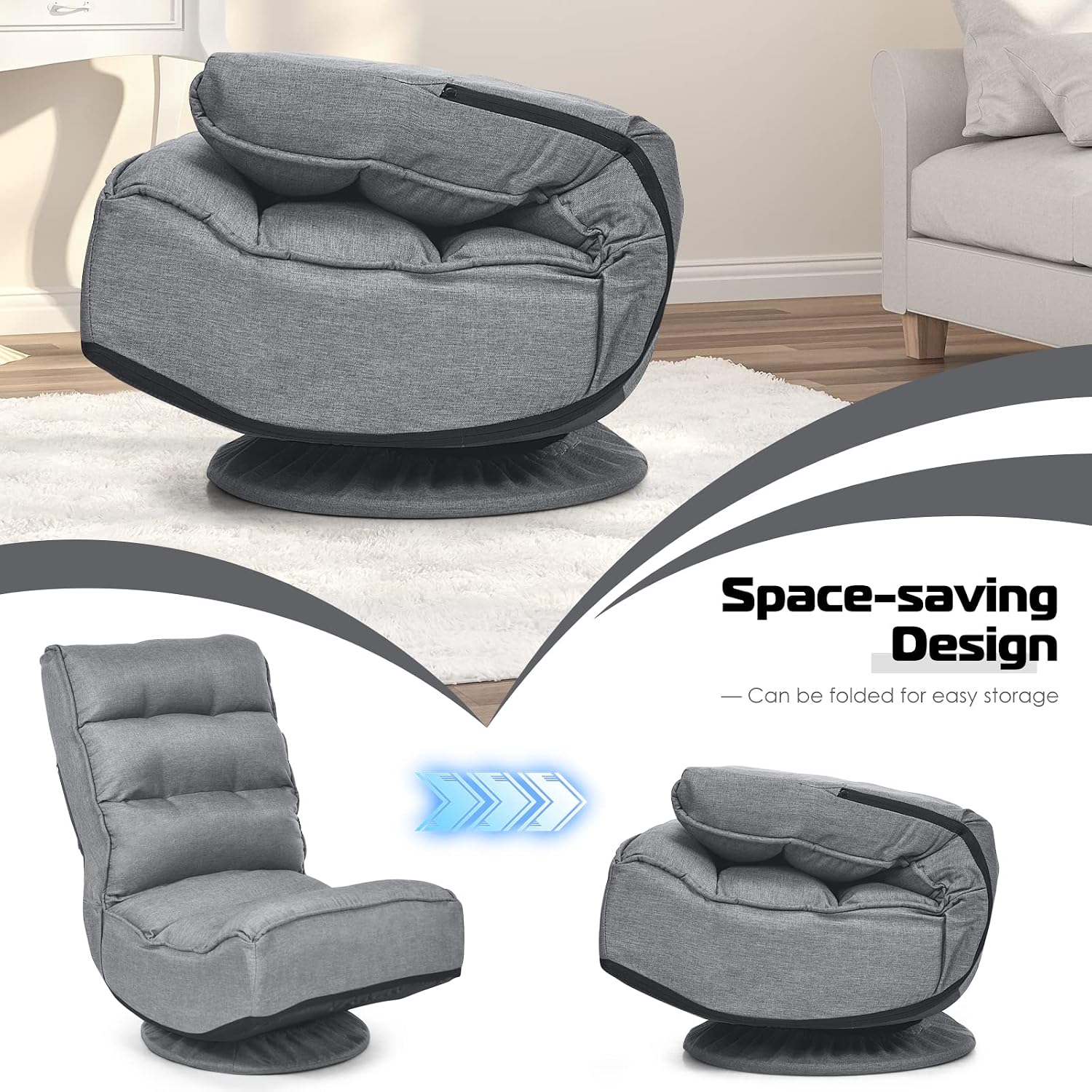 COSTWAY Folding Floor Chair, Adjustable 5-Position Video Gaming Chair with 360 Degree Swivel, Detachable Cover, Padded Backrest, Multipurpose Living Room Floor Lounger for TV, Reading, Playing (Grey)