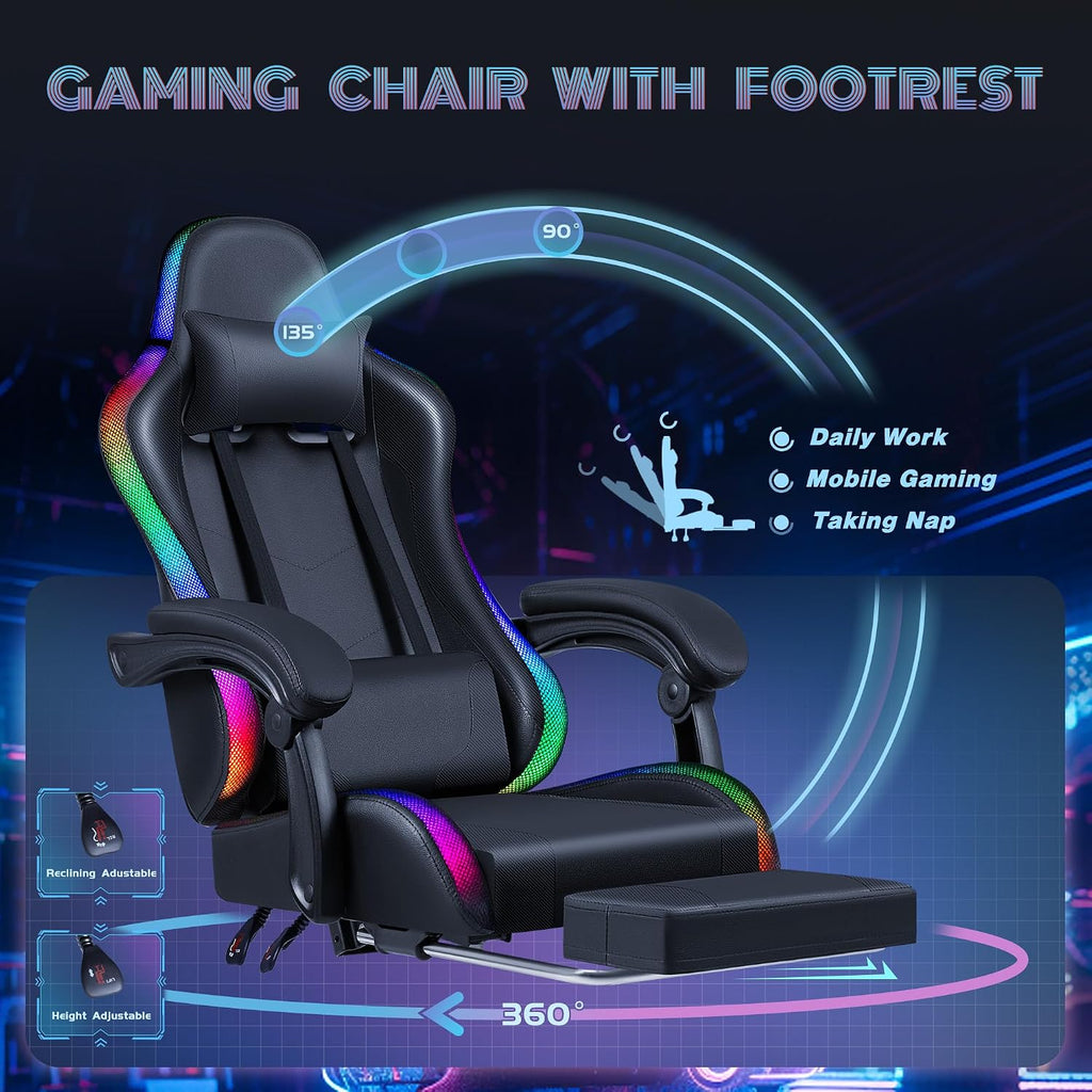 Furmax Gaming Chair with RGB LED Lights, Video Game Chair with Footrest and Massage Lumbar Support, High Back Reclining Computer Chair with Headrest, Swivel Seat Gamer Chair (LED Black)